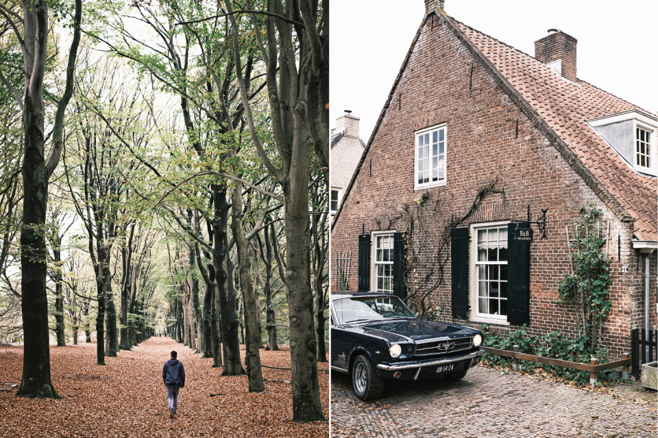 Prinsheerlijk slapen in B&B Het Gasthuys, met een voor een weekend gehuurde Ford Mustang van We Love Oldtimers voor de deur. Nationaal Park Utrechtse Heuvelrug in herfstkleuren. Foto's Tim Bilman